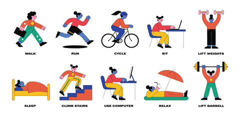 Fototapeta premium Set of ten flat vector illustrations showing various human activities like walking running cycling and working