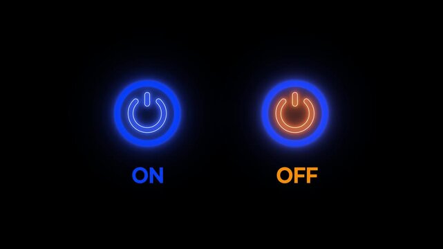 Power reset button icon with neon glow on black background. Abstract ON/OFF power button concept. Neon blue and orange power button sing.
