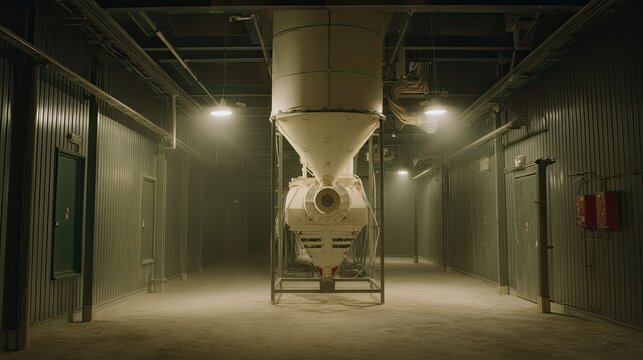 Large industrial silo processing equipment operating inside a factory warehouse, highlighting manufacturing production, automation technology, and heavy industry