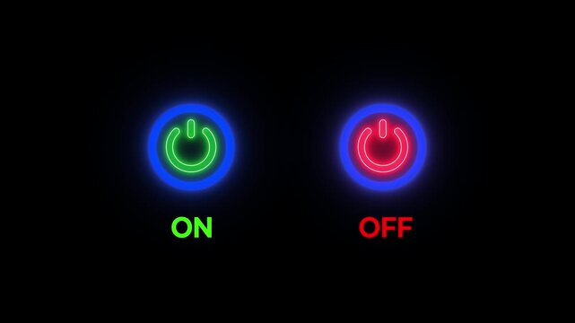 Power reset button icon with neon glow on black background. Abstract ON/OFF power button concept. Neon red and green power button sing.