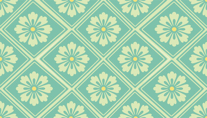 Fototapeta premium Vector seamless pattern with stylized flowers in japanese style, traditional oriental geometric background with floral motifs in pastel colors