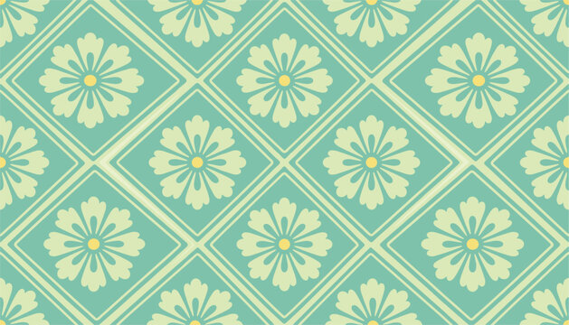 Vector seamless pattern with stylized flowers in japanese style, traditional oriental geometric background with floral motifs in pastel colors