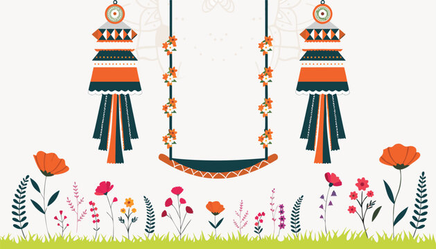 Elegant hariyali teej greeting background with floral swing and hanging ornaments