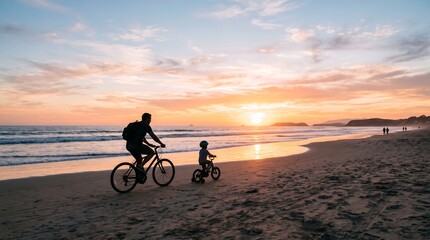 Fototapeta premium Father and child riding bicycles on a beach at sunset with a serene ocean view