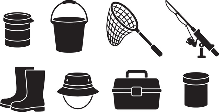 Fishing gear silhouette icon set with bucket, landing net, rod holder, boots, hat and tackle box

