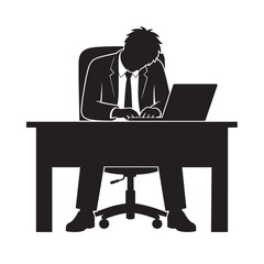 Fototapeta premium Silhouette of a tired businessman working on a laptop at his desk