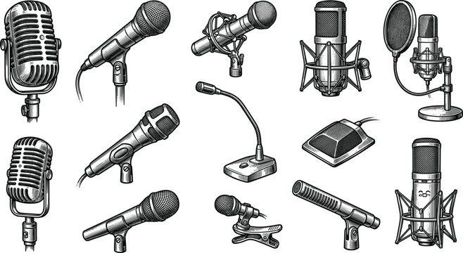Vintage Engraved Microphone Vector Set Featuring Retro Studio Mics, Handheld Dynamic Microphones, Boundary Mics, and Professional Recording Equipment for Podcasting, Music, and Radio