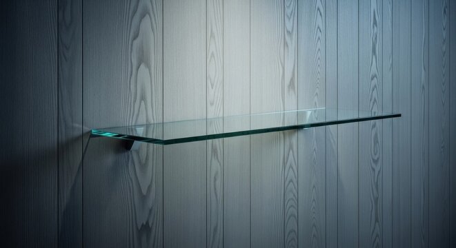A minimalist clear glass floating shelf mounted on light ash wood paneling, showcasing modern interior design.