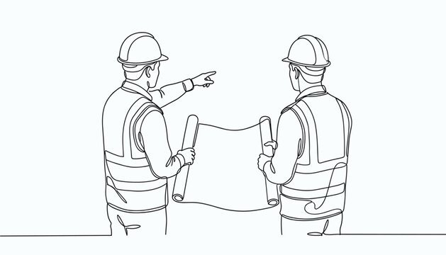 Vector continuous line drawing of two construction workers in hard hats and safety vests looking at a blueprint and pointing at a construction site