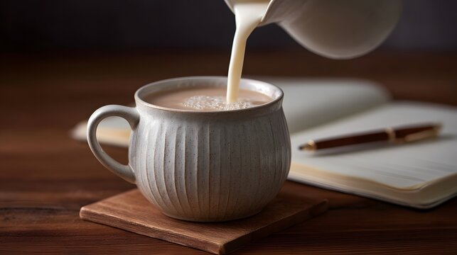 A stream of milk is poured into a textured ceramic mug set on a wooden desk next to a journal and pen