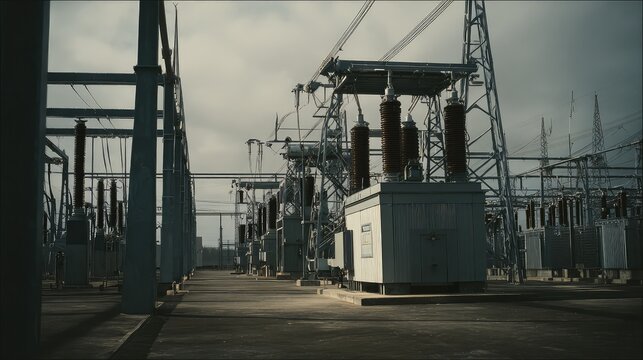 Electrical substation facility featuring numerous transformers, circuit breakers, and power lines, distributing electricity across the network under a heavy sky