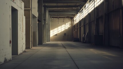 Naklejka premium Industrial building interior featuring a long, empty hall with concrete walls and light streaming through high windows, creating strong patterns of sunlight and shadow on the floor
