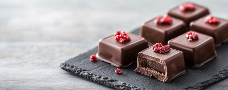 Close-up of gourmet square dark chocolate bonbons topped with dried red berries, arranged on a black slate. One bitten to reveal its rich, decadent filling.,Truffles,Indulgence