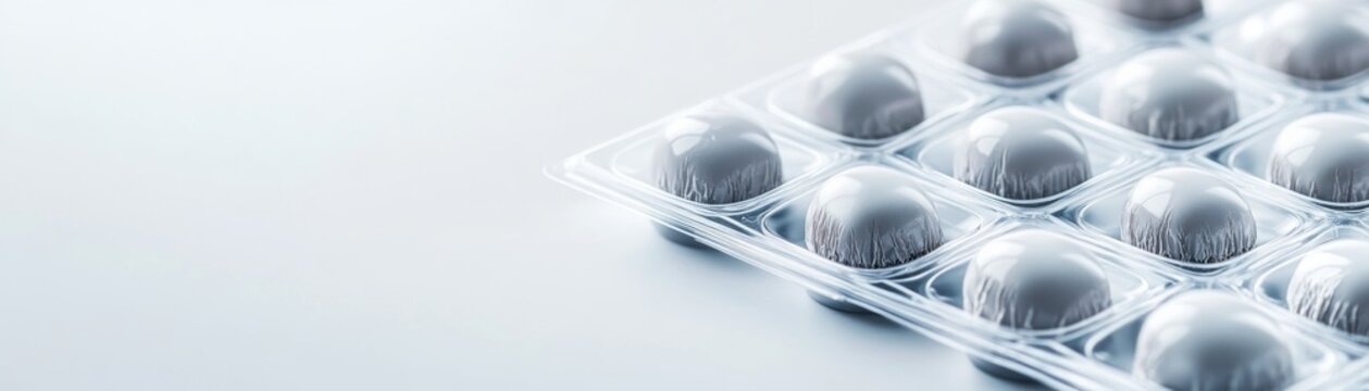 Close-up of silver-grey suppositories in a clear blister pack, angled on a sterile white surface, emphasizing precise pharmaceutical packaging and modern healthcare solutions.