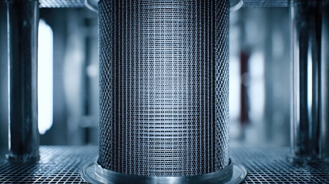 Metal filtration cylinder captures particulate and purifies fluids or air within an industrial environment, featuring a precise mesh grid and blue lighting