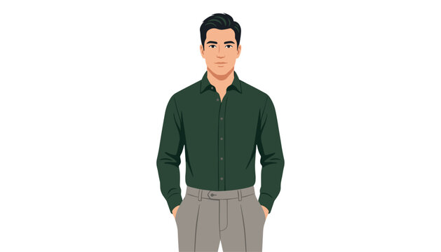 Vector a cartoon man wearing a green shirt and gray pants standing with hands in pockets