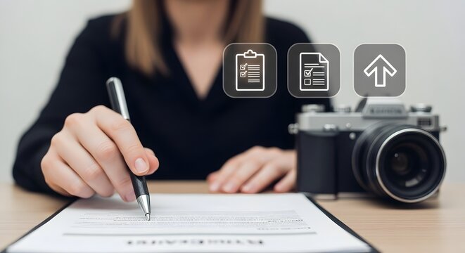 Woman Professional Signing Contract with Digital Photography Icons