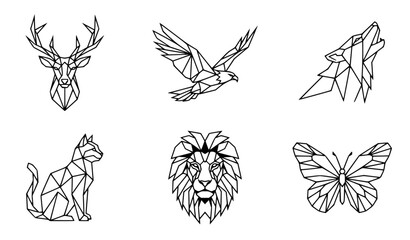Minimalist geometric animal line art vector illustration set clean black and white outline of deer wolf lion and eagle silhouettes © Mdsahag