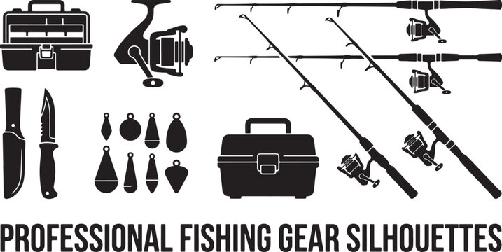 Professional fishing gear silhouettes set with rods, reels, tackle box, sinkers and knives