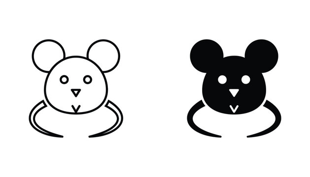 Minimalist mouse face icon set with rounded ears and whiskers in outline and solid black vector styles for simple web design elements