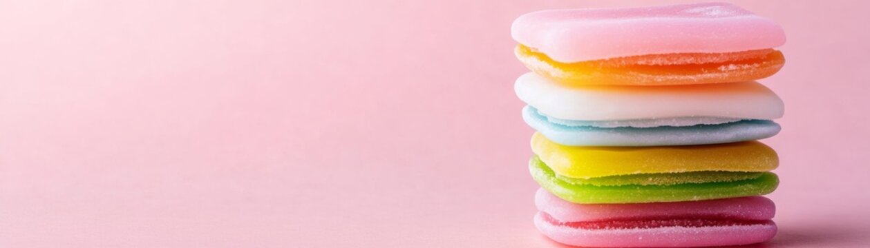 Colorful stack of sugar-dusted pastel jelly sweets on a minimalist pink background, offering sweet delight and generous copy space; a vibrant confectionery concept. ,Candy, Dessert