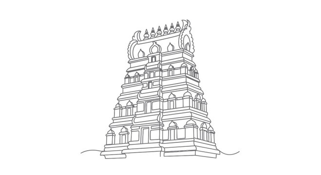 Indian Temple Tower Line Drawing - Dravidian Architecture