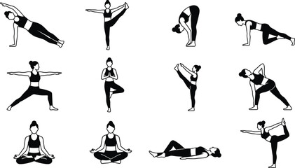 Obraz premium Yoga pose illustration set featuring standing, balancing, stretching, and seated positions for fitness, wellness, and relaxation concepts