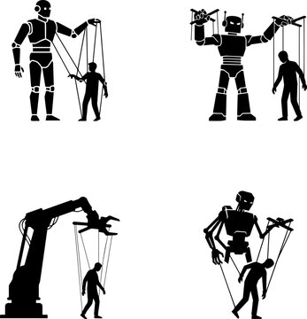 AI controlling human like puppets concept silhouette.