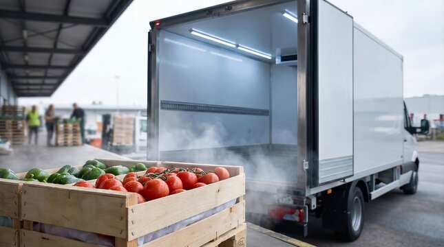 Refrigerated Delivery Truck Loading Fresh Produce for Cold Chain Logistics