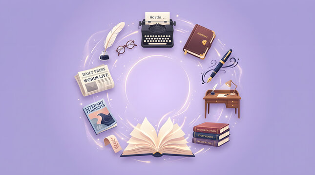 Creative writing tools arranged in a circle around an open book, symbolizing inspiration and storytelling