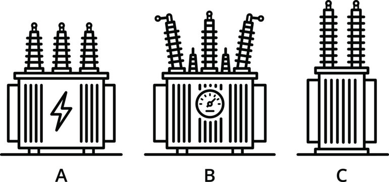 Electrical transformer illustration set featuring bushings, gauges, and lightning bolt symbols for energy, monitoring, and infrastructure concepts