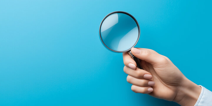 Close up of woman hand holding magnifying glass lens isolated on blue background