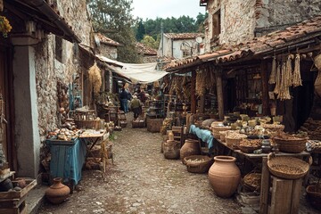 Naklejka premium shopping in a rustic village market in Europe