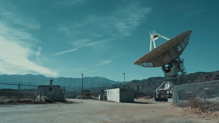 Fototapeta premium Large satellite dish in a remote mountain desert environment, actively receiving and sending signals for scientific discovery and advanced communication technology