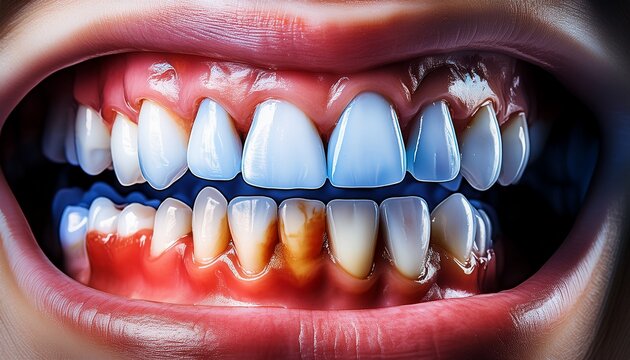 of teeth and gums healthy and affected by periodontitis