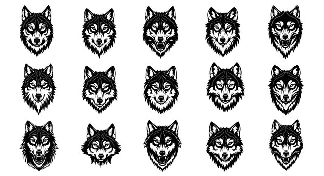 Collection of stylized wolf head illustrations featuring fierce expressions and detailed fur textures presented in a grid layout on a clean white background for versatile design