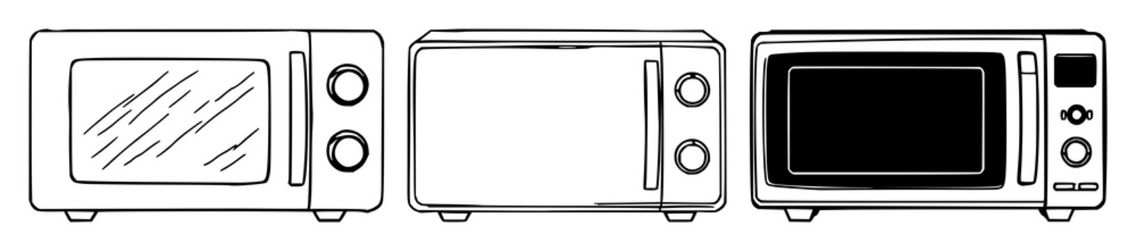 Microwave set with black line art against white background featuring kitchen appliance, cooking, household item with illustration and vector