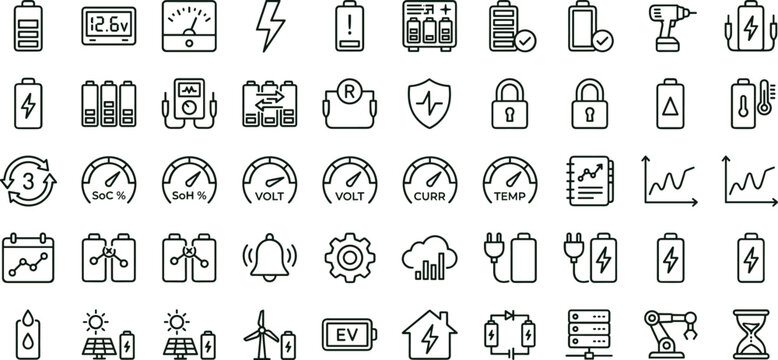 Battery charging and energy monitoring line icon set for electric vehicle dashboard ui power management interface design