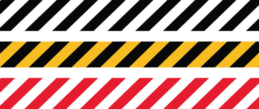 Warning tape pattern, seamless vector stripe design with yellow red and black diagonal lines for caution hazard danger and safety signage.