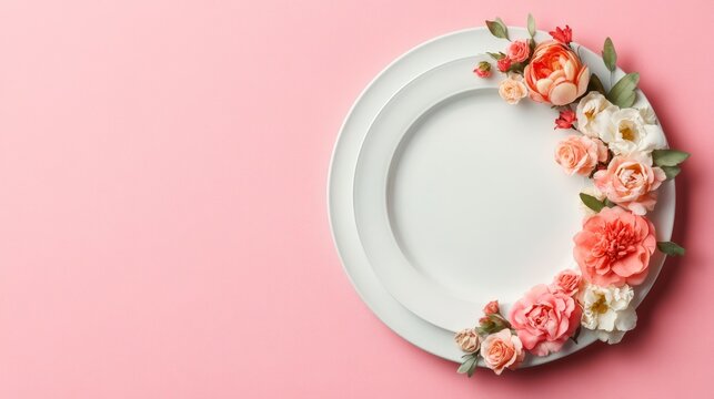 Flat lay of white stacked plates with a charming coral and pink floral crescent on a soft pink background. Perfect template for elegant invitation or menu. ,Romance, Bloom
