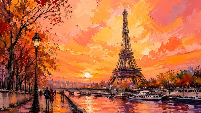 Paris Eiffel Tower Acrylic Line Art Illustration &ndash; Romantic Sunset Travel Scene 16:9