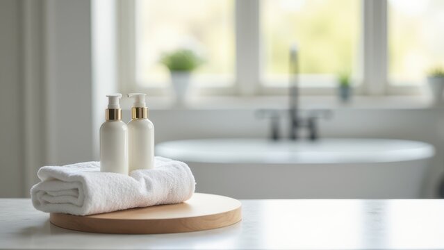 podium for product display with towel on blurred bathroom background minimal mockup