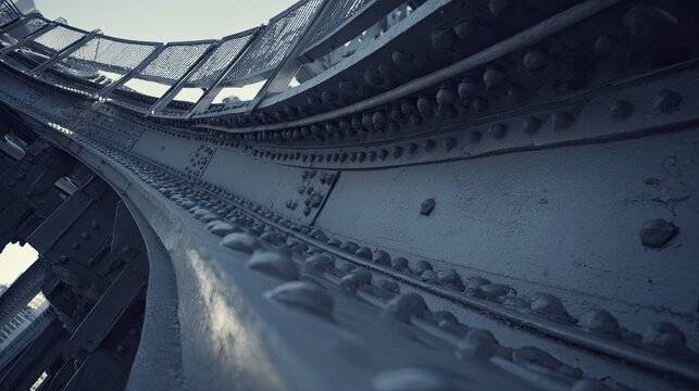 Industrial steel framework featuring numerous rivets and metal plates, creating a sturdy and robust construction detail, highlighting the precision of engineering and architectural design