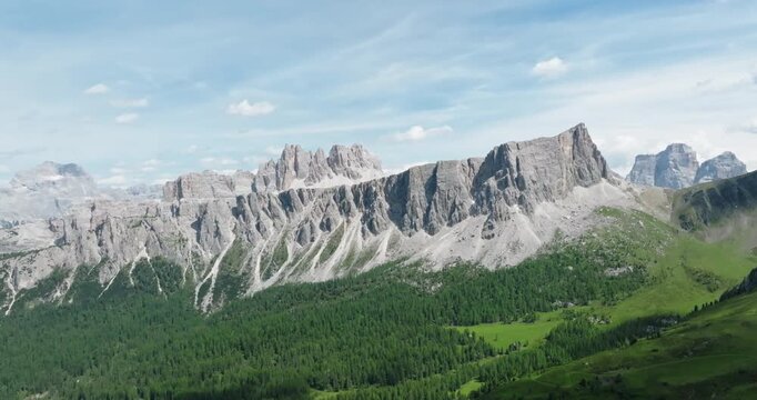 Aerial of a mountain range in the Dolomites, Italy