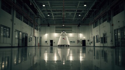 Fototapeta premium Space mission crew module standing in a spacious industrial hangar, reflecting its clean lines on the polished floor and representing advancements in aerospace technology and future travel