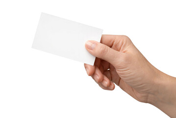 Obraz premium Hand holding a blank business card isolated on white background