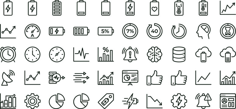 Battery charging and performance analytics line icon set for energy monitoring dashboard ui power management and optimization interface