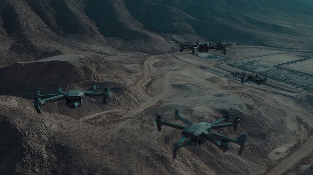 Drones swarm flying over a desolate desert landscape and a hidden military base, illustrating concepts of surveillance, advanced technology, and security operations