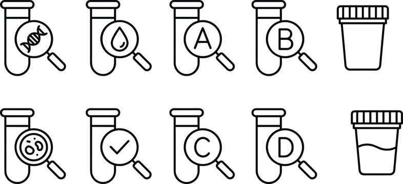 Black outline vector icon set featuring medical laboratory test tubes with magnifying glasses for blood types, DNA, cell analysis, and clinical diagnostic specimen cups.