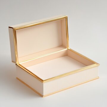 Luxurious open cream and gold textured box, low-angle on white, emphasizing its pristine empty interior. Ideal for premium gifts or elegant storage., Gift Box, Jewelry
